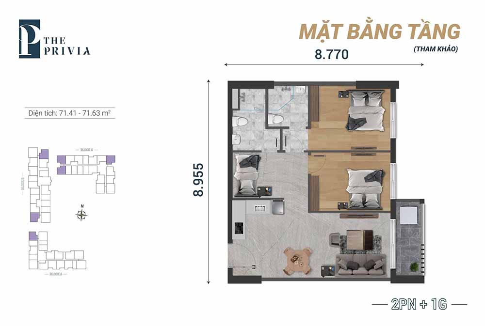 Mặt bằng căn hộ điển hình - Căn hộ 2 phòng ngủ (Căn góc) Privia Khang Điền