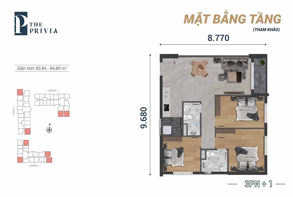 Mặt bằng căn hộ điển hình - Căn hộ 3 phòng ngủ Privia Khang Điền