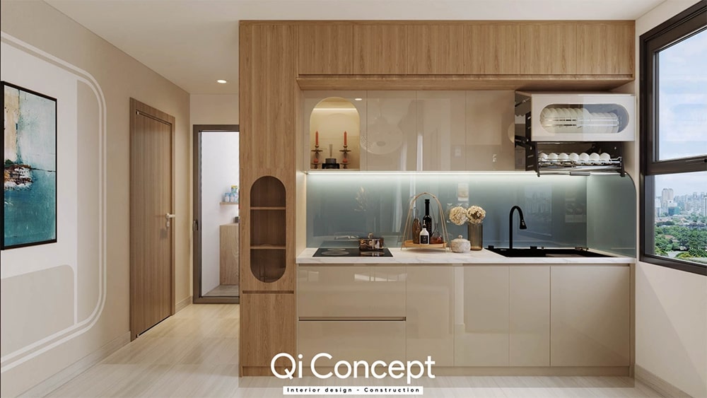 Không gian bếp sáng sủa, vị trí bếp được đặt bên cạnh cửa sổ