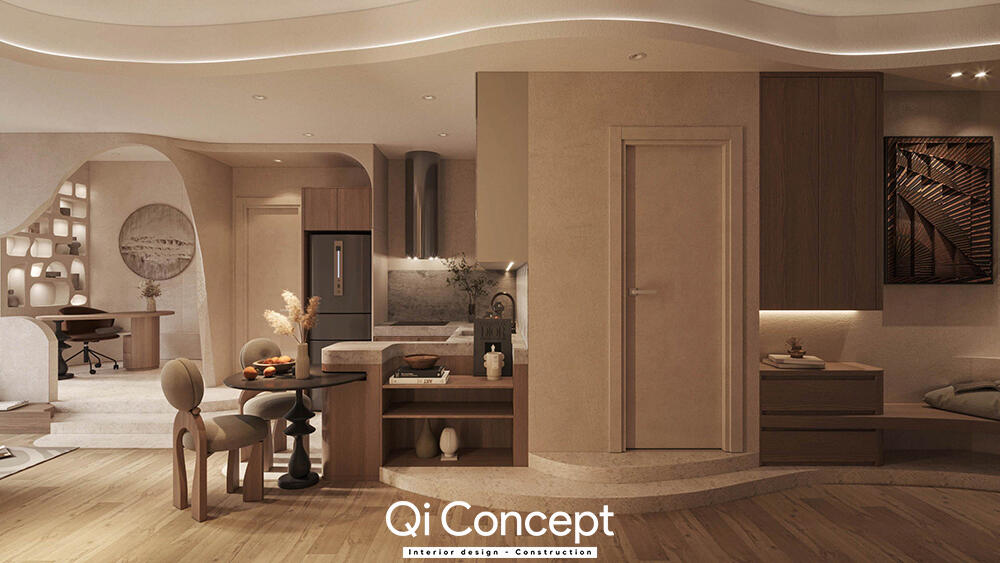 Bàn ăn được đặt cạnh khu bếp