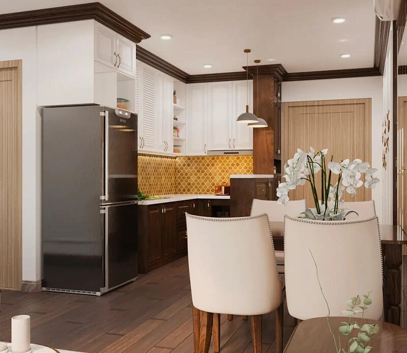 Mẫu nhà bếp trong dự án thiết kế chung cư phong cách indochine.