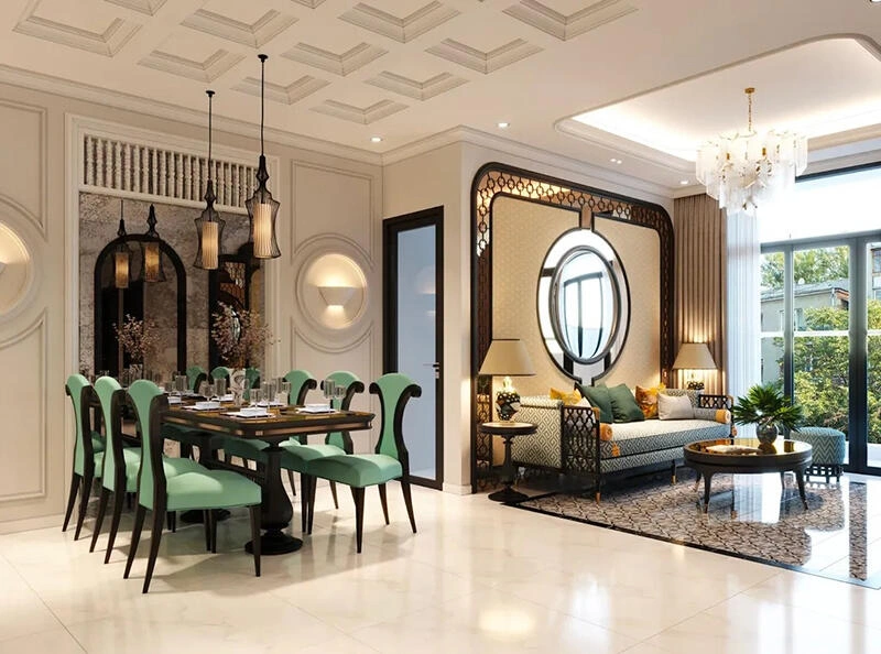Không gian phòng khách và bàn ăn trong thiết kế chung cư phong cách indochine.