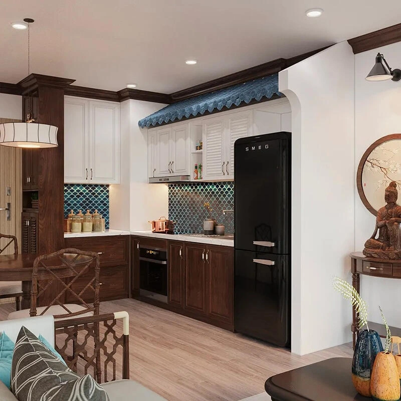 Mẫu nhà bếp trong dự án thiết kế chung cư phong cách indochine.