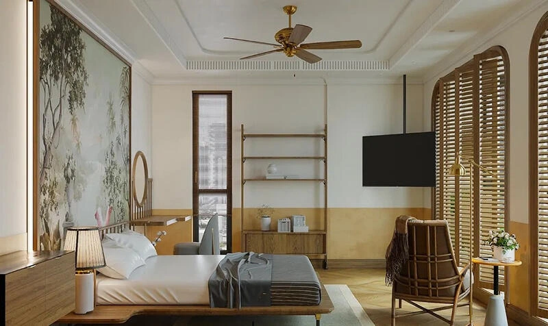 Phòng ngủ master trong một căn hộ thiết kế chung cư phong cách indochine.