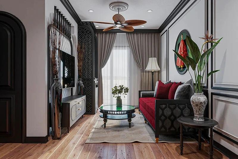Mẫu thiết kế chung cư phong cách indochine cho phòng khách nhỏ.