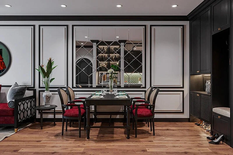 Khu vực bàn ăn trong một căn hộ thiết kế chung cư phong cách indochine.