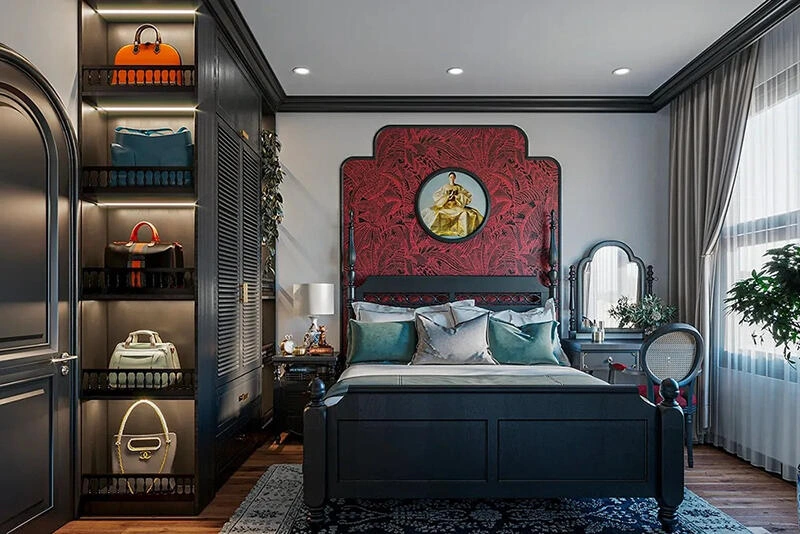 Phòng ngủ master sang trọng trong mẫu thiết kế chung cư phong cách indochine.
