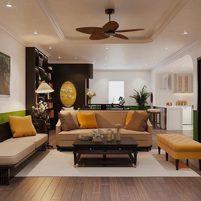 Mẫu phòng khách trong một dự án thiết kế chung cư phong cách indochine.