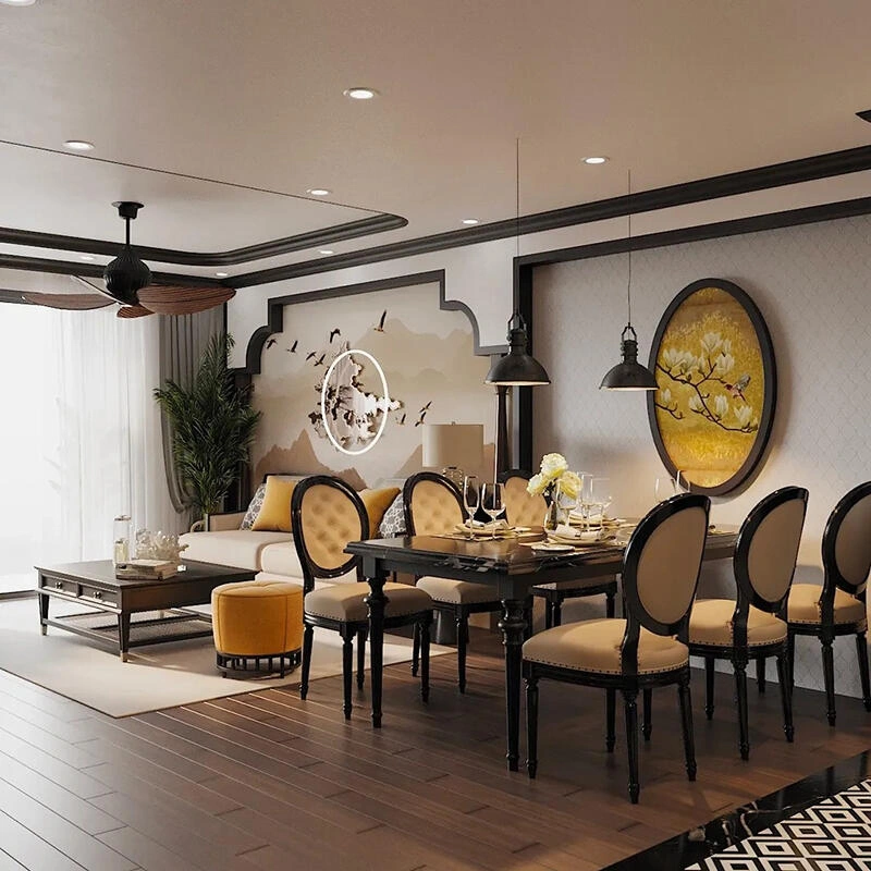 Không gian phòng ăn và phòng khách trong một căn hộ thiết kế chung cư phong cách indochine.