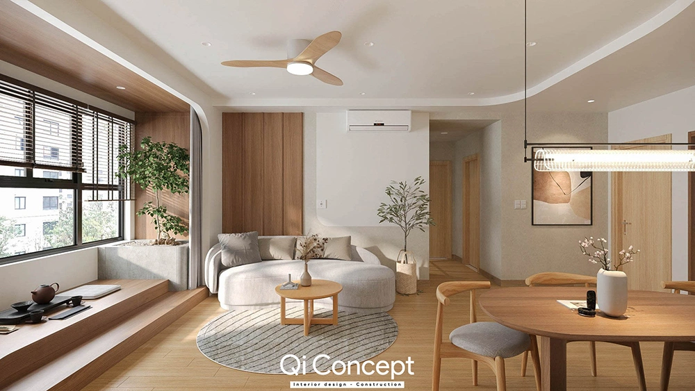 Phong cách Japandi trong thiết kế nội thất nhà 2 tầng, có khu vực thưởng trà.