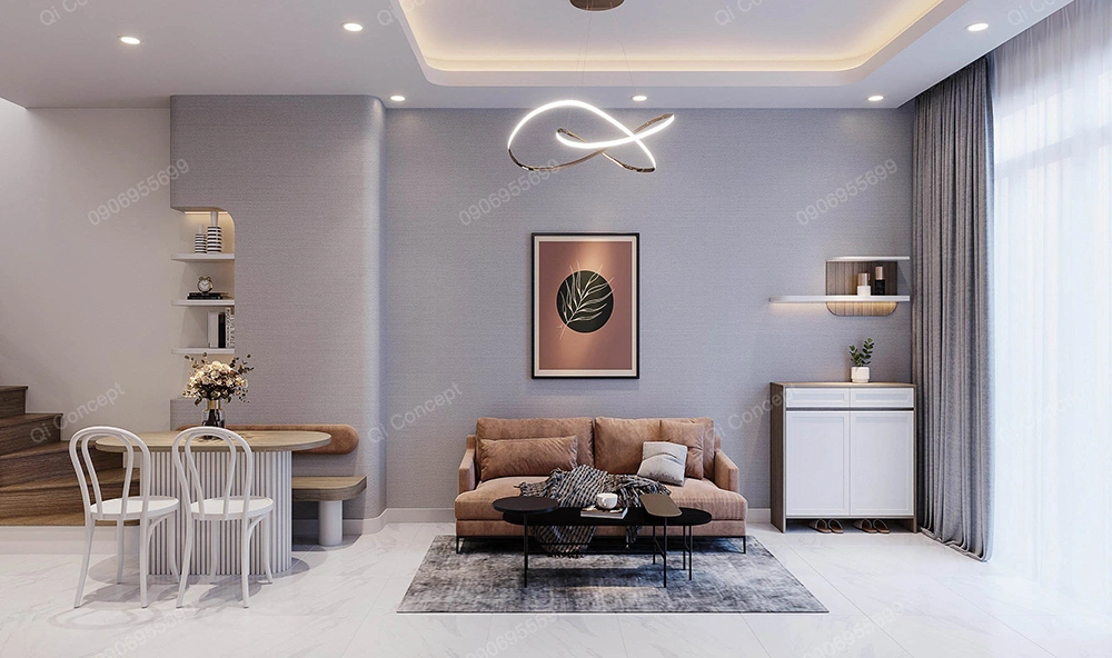 Thiết kế nội thất nhà 2 tầng với phòng khách và góc ăn uống nhỏ gọn.