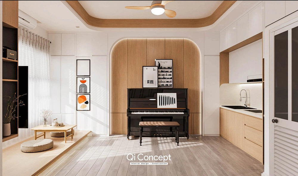 Thiết kế nội thất nhà 2 tầng với không gian piano và góc thư giãn.
