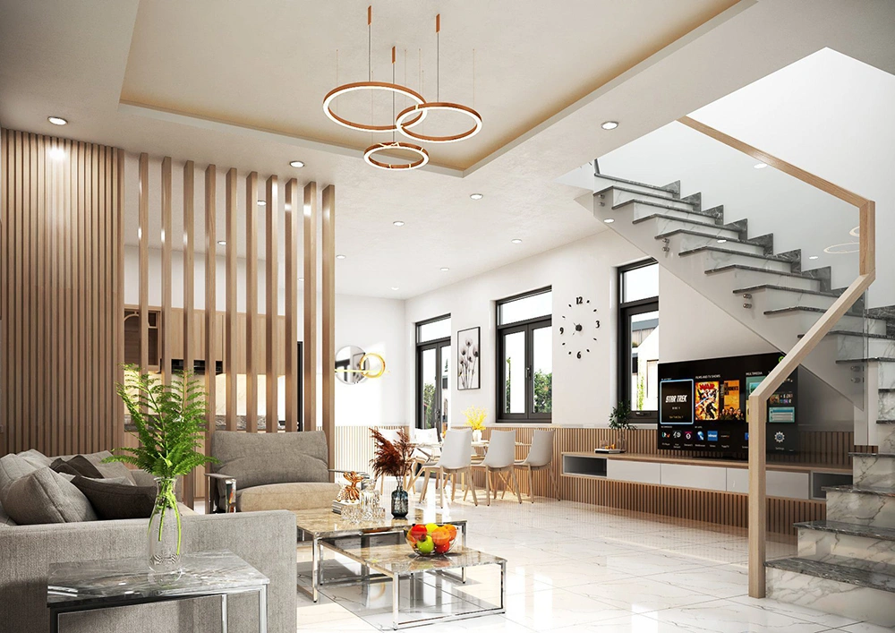 Một ý tưởng khác để tận dụng gầm cầu thang làm kệ tivi.
