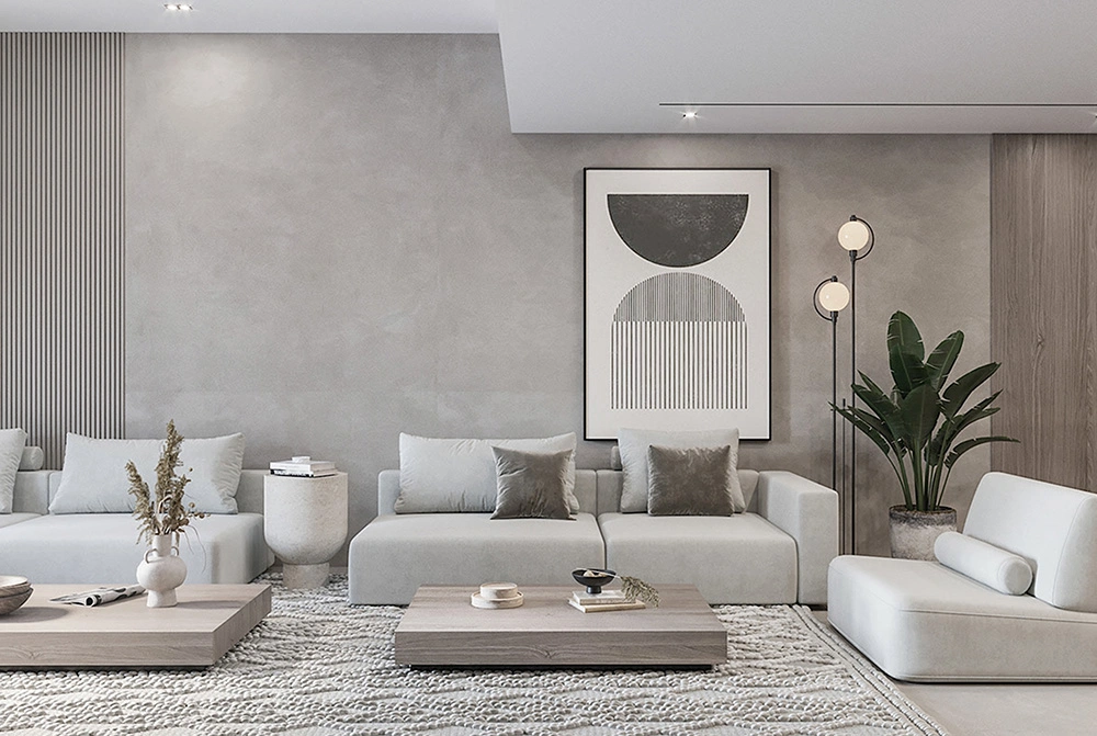 Tham khảo báo giá thi công nội thất nhà phố phong cách tối giản với tường hiệu ứng bê tông.