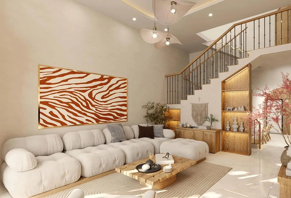 Thiết kế thi công nội thất nhà phố ấm cúng với sofa module cỡ lớn và nội thất gỗ mộc.