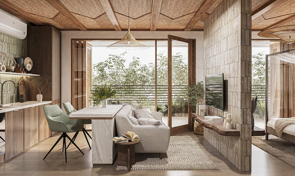 Thiết kế thi công nội thất nhà phố phong cách rustic với trần tre và tường gạch mộc.