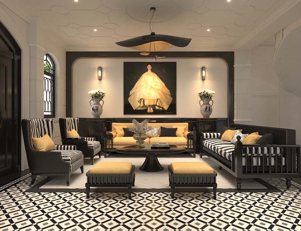 Báo giá thi công nội thất nhà phố phong cách Indochine (Đông Dương) với nội thất gỗ đen và gạch bông.