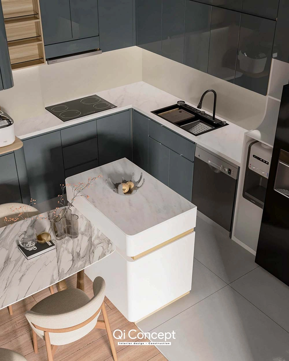 Thiết kế thi công nội thất nhà phố với đảo bếp kết hợp bàn ăn thông minh và tiện lợi.