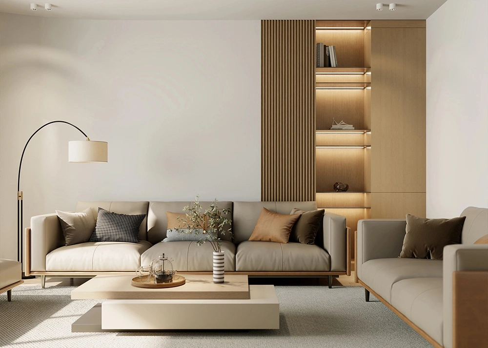 Thiết kế thi công nội thất nhà phố với kệ sách âm tường có đèn LED và lam gỗ trang trí.