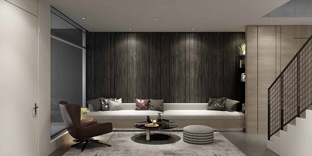 Vách ốp gỗ tối màu trong dự án thiết kế thi công nội thất nhà phố hiện đại.