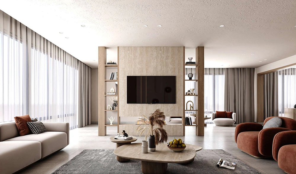 Vách tivi độc đáo trong dự án thiết kế thi công nội thất nhà phố không gian mở.