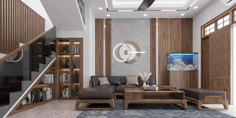 Tham khảo báo giá thi công nội thất nhà phố với nội thất gỗ óc chó và kệ sách gầm cầu thang.