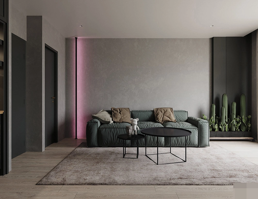 Thiết kế thi công nội thất nhà phố cá tính với tường hiệu ứng bê tông và đèn LED trang trí.