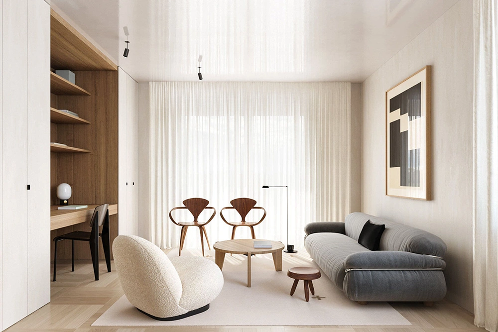 Tham khảo báo giá thi công nội thất nhà phố với nội thất đường cong và góc làm việc tại gia.