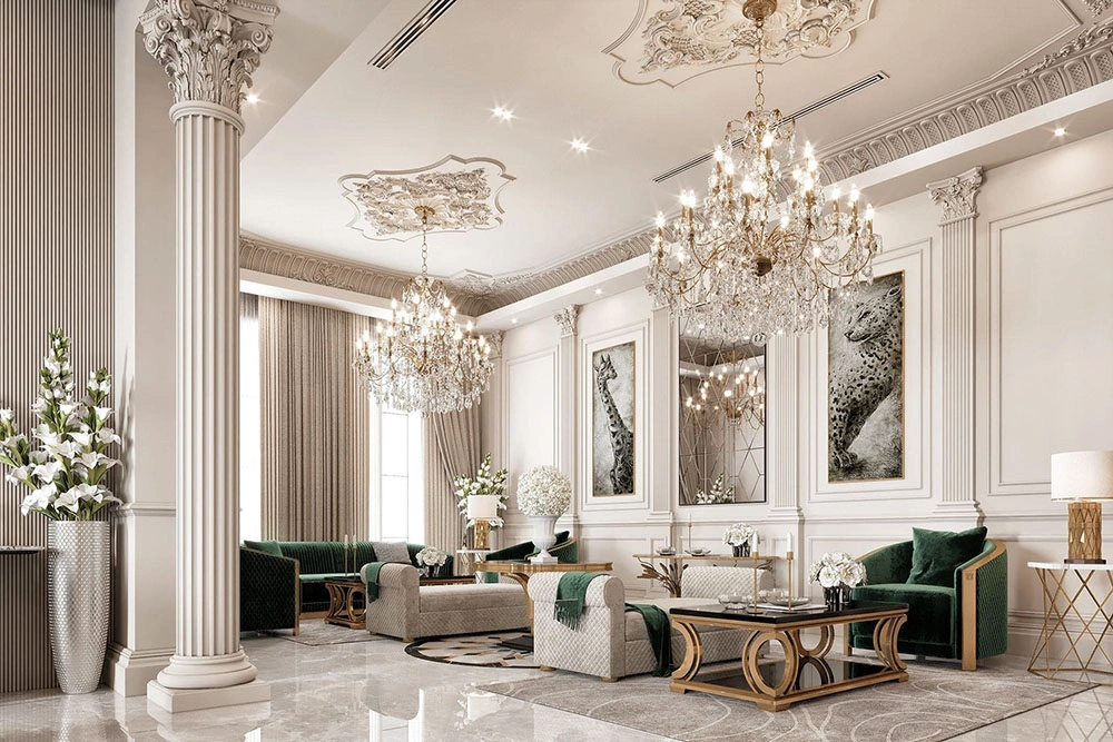 Thiết kế thi công nội thất nhà phố phong cách cổ điển hoành tráng với cột trụ La Mã và đèn chùm pha lê.