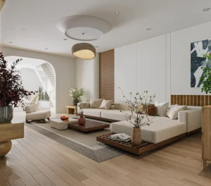 Cây xanh được bố trí khéo léo trong không gian, mang đến sức sống và sự tươi mát cho căn phòng