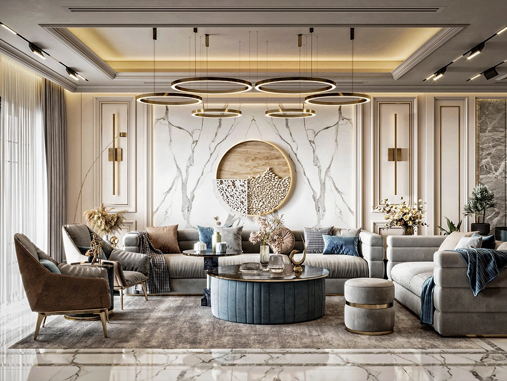 Tham khảo báo giá thi công nội thất nhà phố cao cấp với vách đá marble và đèn trần nghệ thuật.