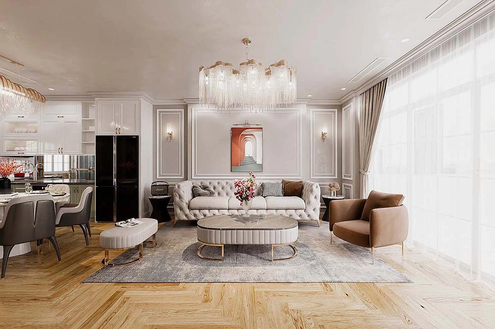 Báo giá thi công nội thất nhà phố trọn gói theo phong cách tân cổ điển sang trọng, nhẹ nhàng.