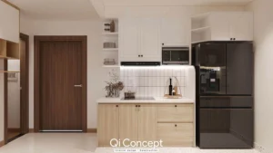 Bếp được thiết kế tập trung vào công năng sử dụng, loại bỏ những chi tiết rườm rà, tạo cảm giác không gian rộng rãi và thoáng đãng