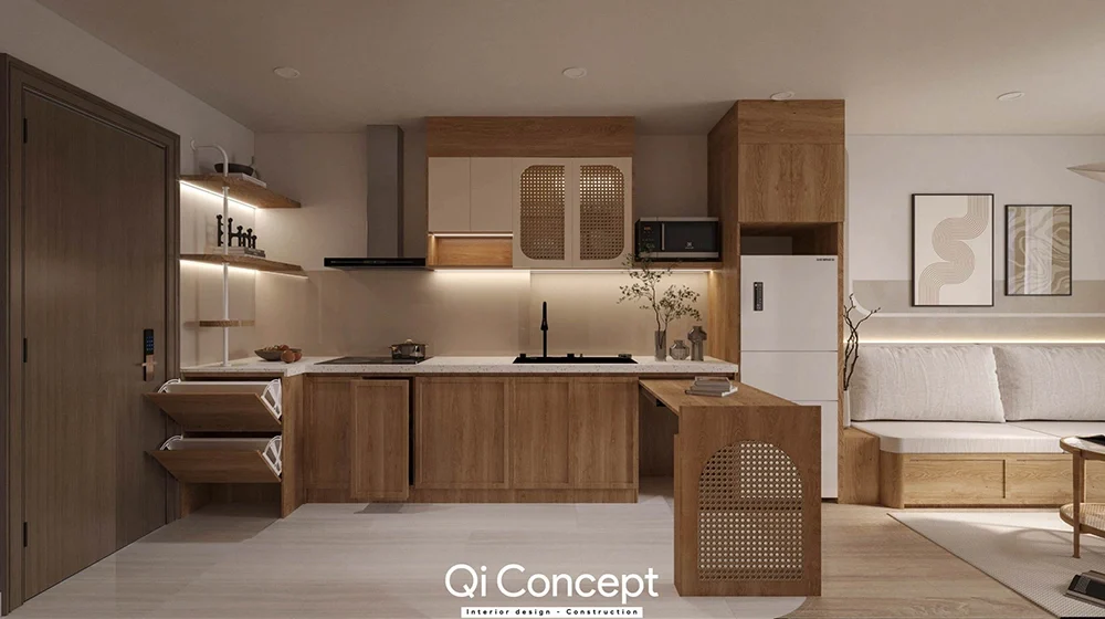 Mẫu thiết kế nội thất phòng bếp căn hộ 4 ngủ