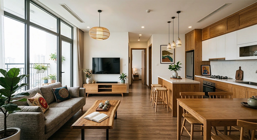 Thiết lập không gian khách - bếp liên thông giúp căn hộ 2 phòng ngủ trở nên rộng rãi và liền mạch hơn