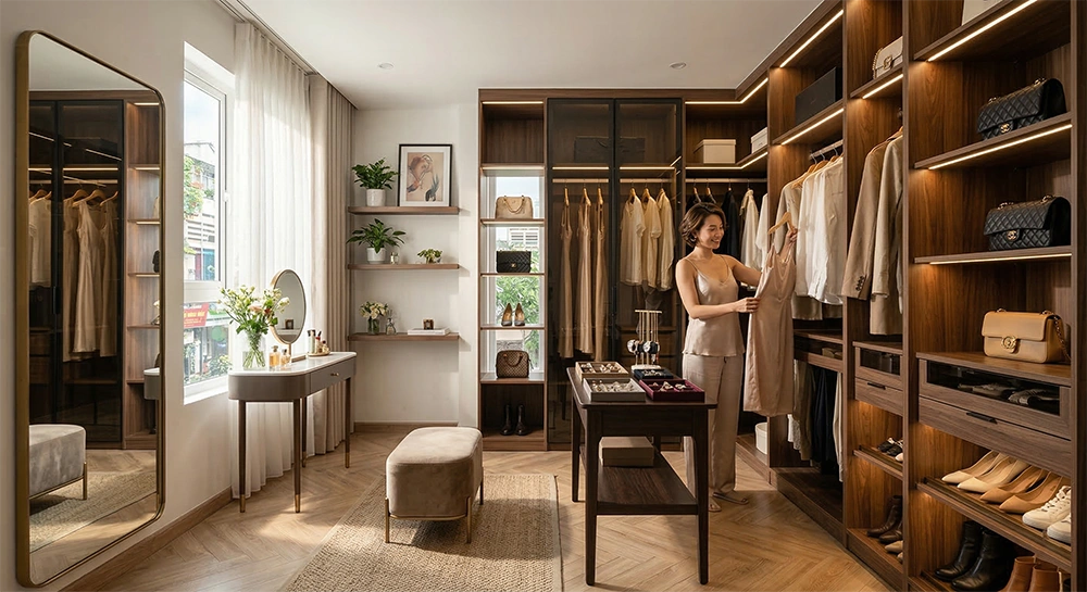 Biến phòng ngủ phụ thành Walk-in closet sang trọng là đặc quyền tận hưởng của người độc thân