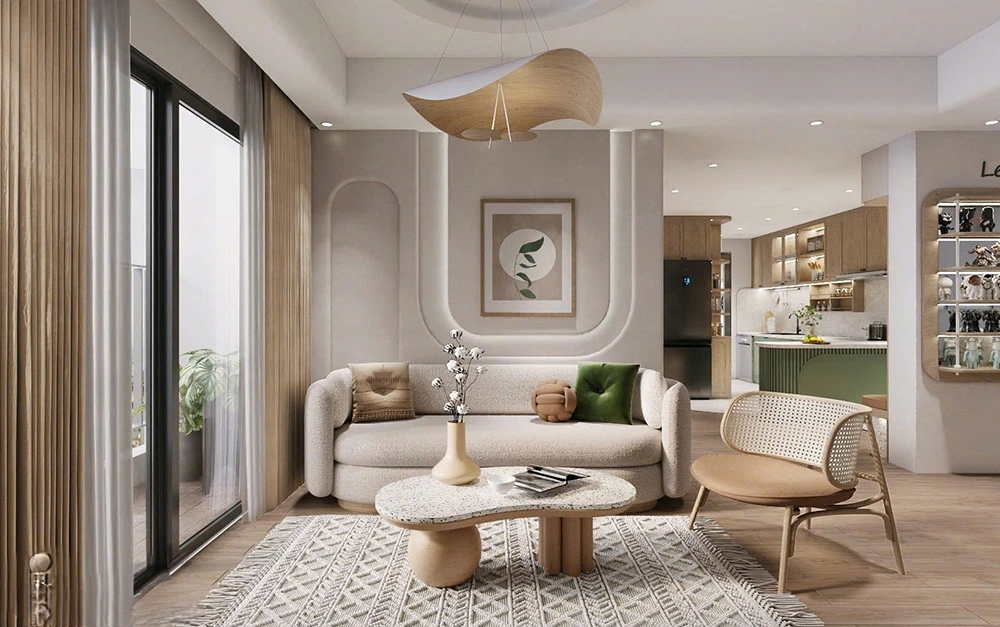 Layout mặt bằng thiết kế chung cư 68m2 2 phòng ngủ.