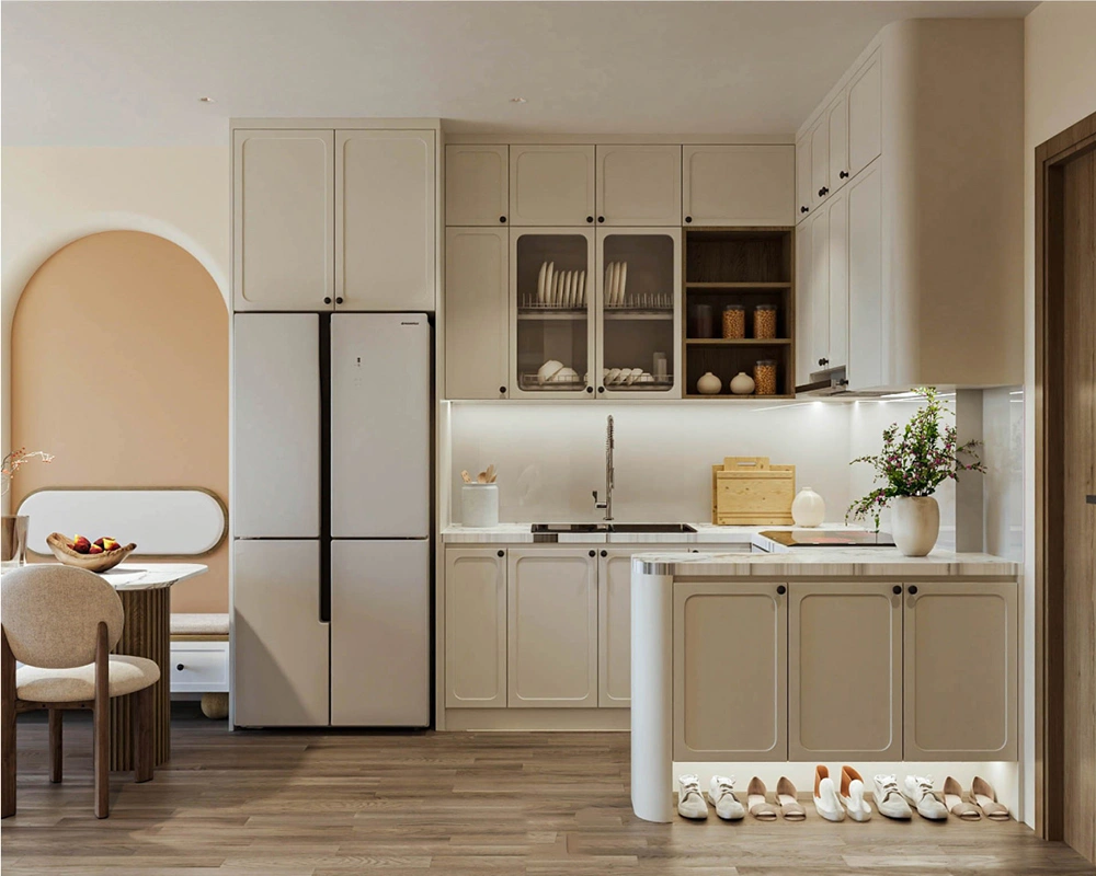 Không gian mở liên thông khách bếp cho căn hộ 68m2.