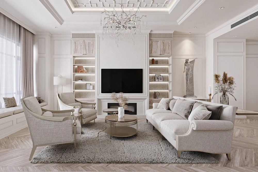 Mẫu thiết kế nội thất chung cư tân cổ điển với tông màu trắng chủ đạo.