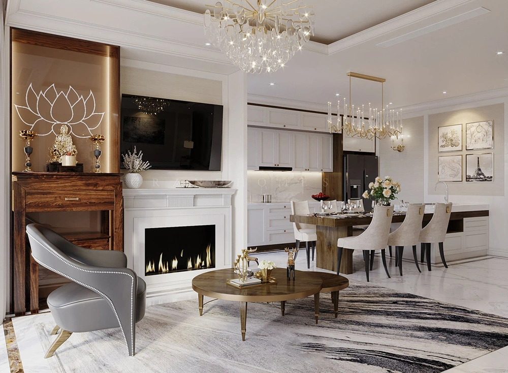 Bàn thờ trong không gian được thiết kế nội thất chung cư tân cổ điển.