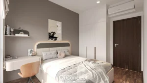 Giường ngủ được thiết kế đơn giản với đầu giường bọc nệm màu xám sáng, có viền bo tròn tạo sự mềm mại