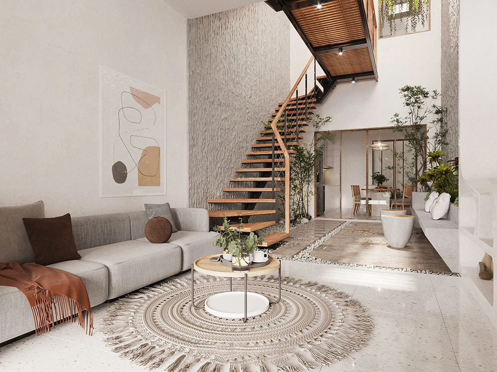 Phong cách Scandinavian trong mẫu thiết kế nội thất nhà 2 tầng với nội thất đơn giản, mộc mạc.