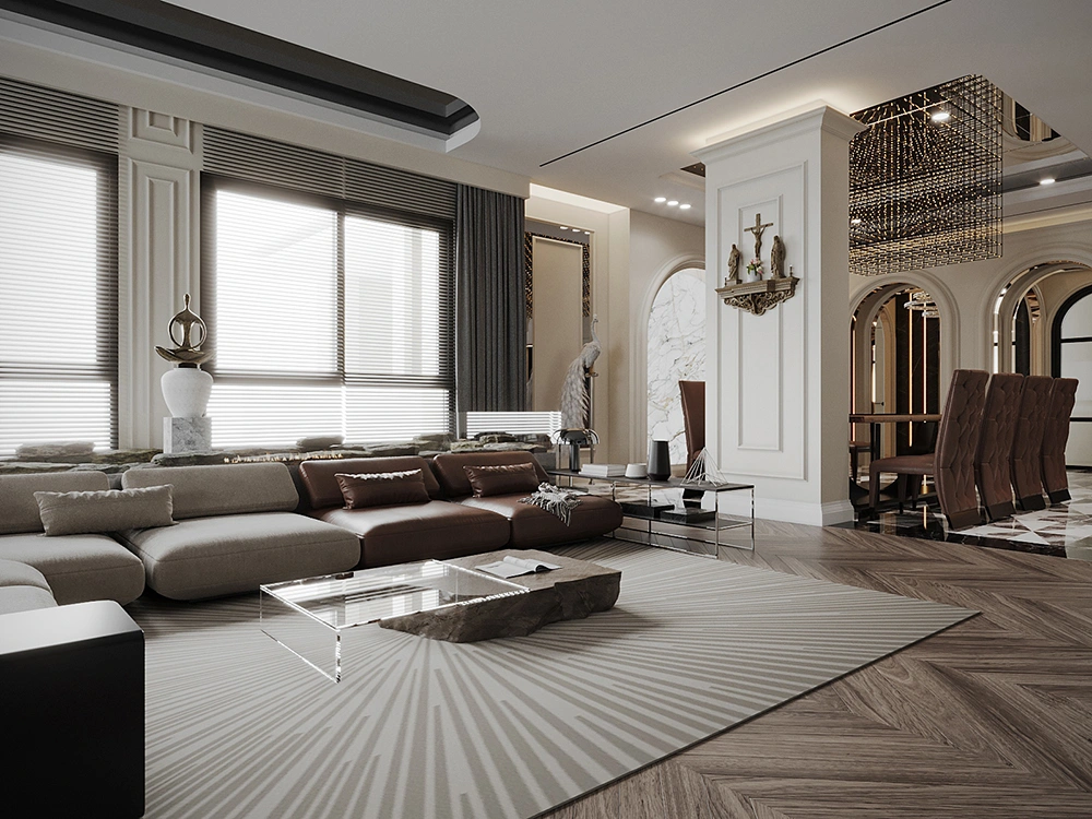 Thiết kế phòng khách tân cổ điển nhà ống với sofa da, bàn trà mặt kính và sàn gỗ xương cá.
