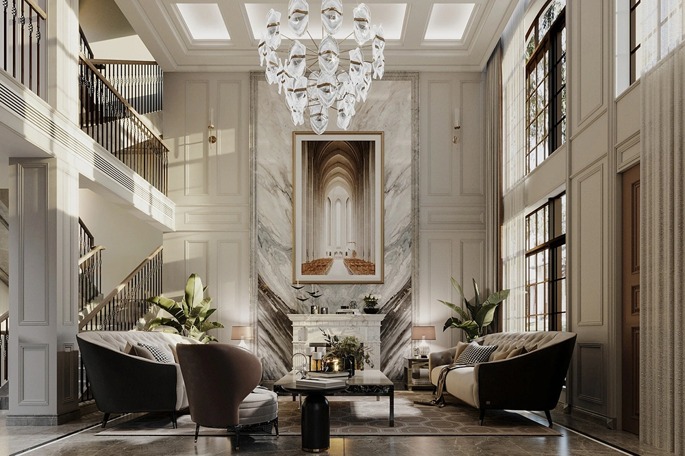 Thiết kế phòng khách tân cổ điển thông tầng với vách ốp đá marble và đèn chùm nghệ thuật ấn tượng.