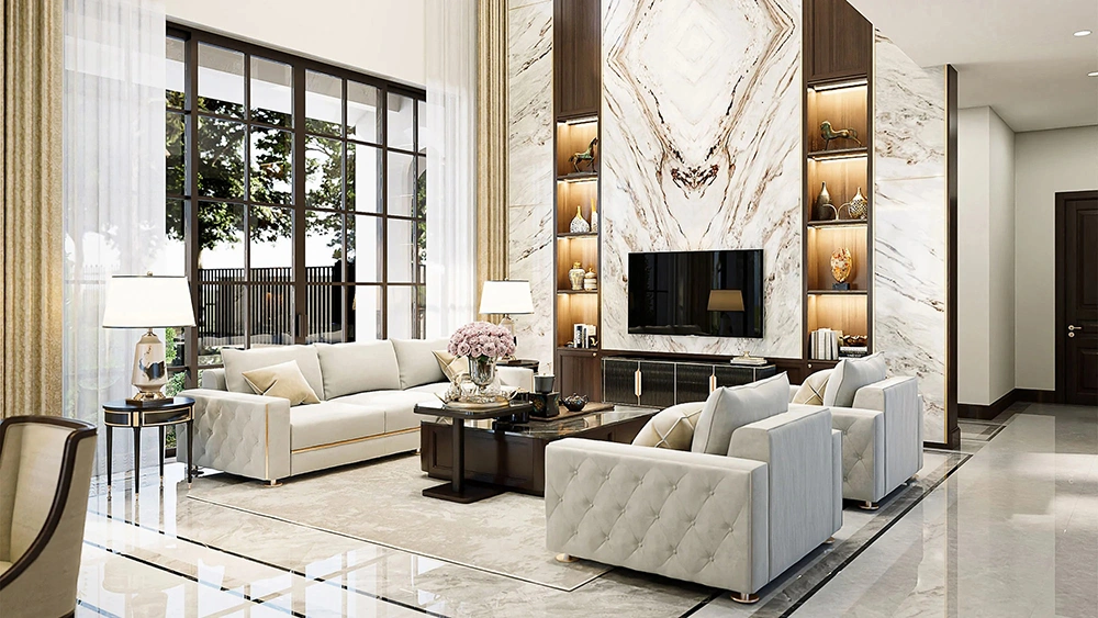 Vách tivi ốp đá marble đối xứng trong mẫu phòng khách tân cổ điển nhà ống sang trọng.