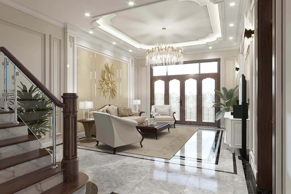 Mẫu phòng khách tân cổ điển nhà ống sang trọng với trần giật cấp, đèn chùm pha lê và sàn đá hoa cương.