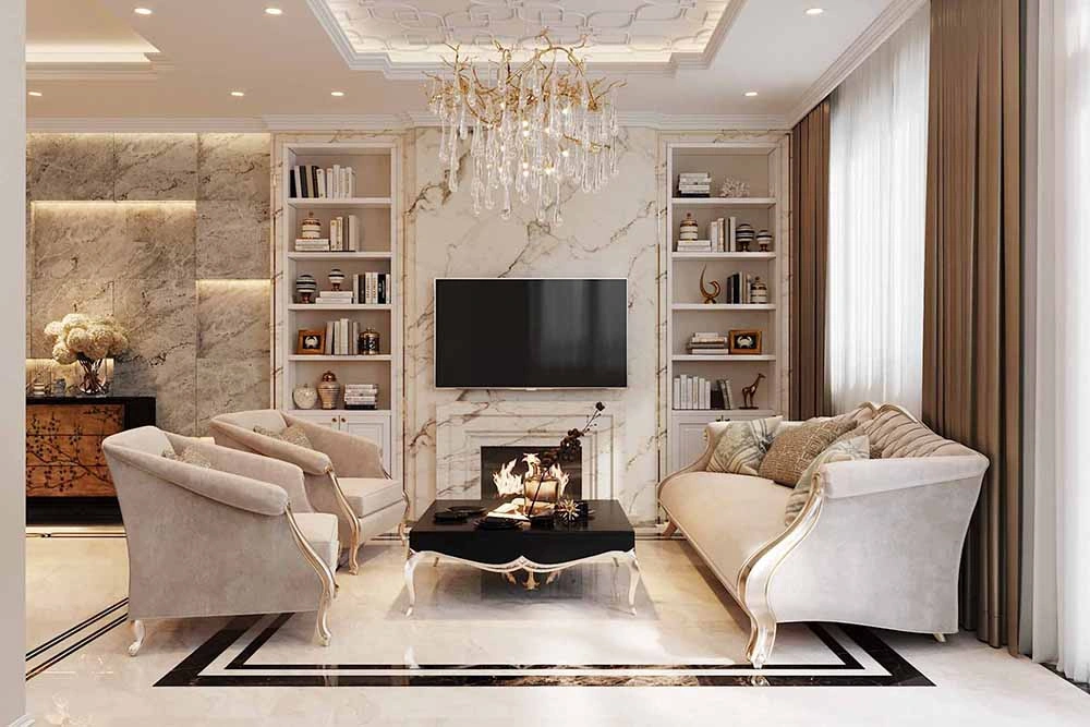 Thiết kế phòng khách tân cổ điển với vách tivi ốp đá marble, lò sưởi và kệ sách âm tường.
