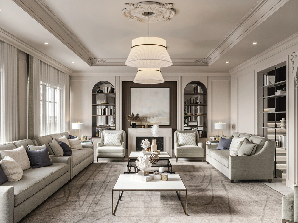 Bố trí đối xứng trong thiết kế phòng khách tân cổ điển nhà ống với hai sofa, lò sưởi và kệ sách mái vòm.