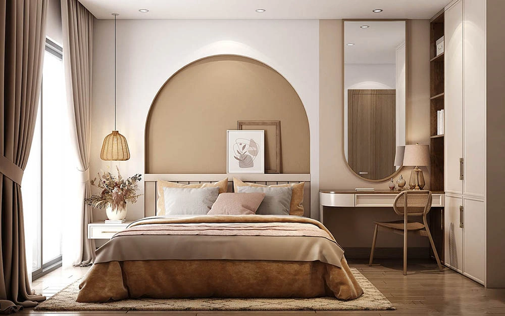 Mẫu phòng ngủ nhà ống 4m tích hợp tủ quần áo và bàn trang điểm