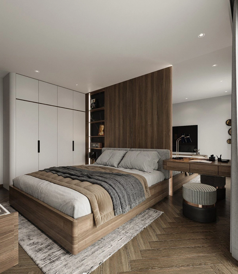 Mẫu phòng ngủ nhà ống 4m tích hợp tủ quần áo và bàn trang điểm